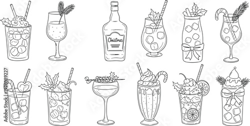 Assorted cocktails and drinks illustrated in a line-art style, showcasing various glasses and garnishes