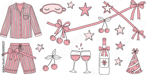 Celebration illustration featuring pyjamas, sleep mask, and wine glasses with cherries, stars, and ribbons, viewed from directly above.