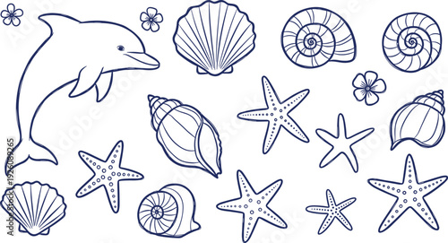 Dolphin surrounded by seashells, starfish, and flowers in a serene ocean scene illustration