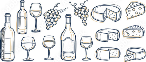 Illustration of wine bottles, cheese, and grapes arranged together, showcasing gourmet delights in a simple line art style from a straightforward viewpoint.