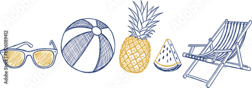 A serene beach scene featuring sunglasses, a ball, pineapple, hat, and deckchair from a frontal viewpoint.