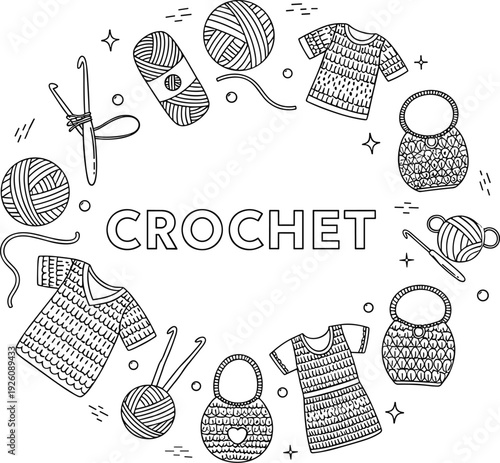 Crochet items and yarn arranged in a circle with various crocheted clothing and accessories displayed around the central text