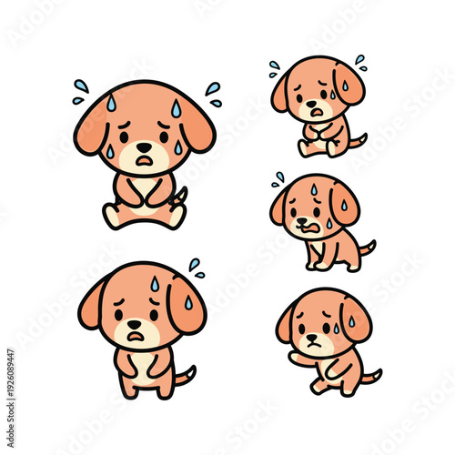 Sad cartoon dog expressions showing various emotions with tears and copy space