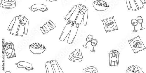 Assorted clothing and food items scattered around in a seamless pattern, viewed from directly above in a flat illustration style.