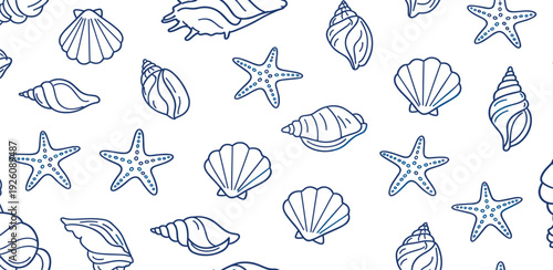 Seashells and starfish scattered across a clean white background in a visually appealing pattern