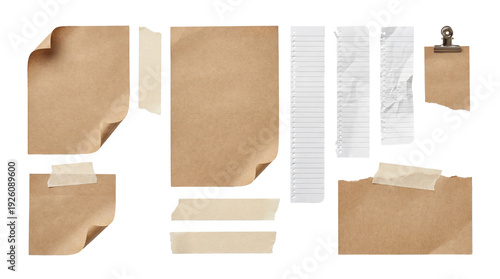 Cuadro en lienzo assortment of brown paper sheets, ripped edges, notebook pages, and masking tape pieces arranged on a transparent background
