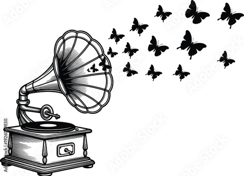 Vintage gramophone illustration with butterflies flying from horn, retro phonograph isolated on white background hand drawn vector artwork