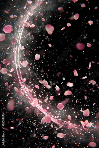 Glowing pink round frame with glitter sparkles and floating petals on pure black background, fantasy animation design