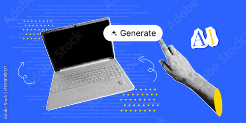 AI concept generate function on laptop with human hand interaction. Artificial intelligence technology and automation system banner in retro halftone collage style. Vector illustration