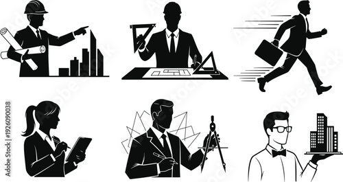 Business professionals in various occupations and activities office work