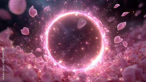 Glowing pink round frame with glitter sparkles and floating petals on pure black background, fantasy animation design