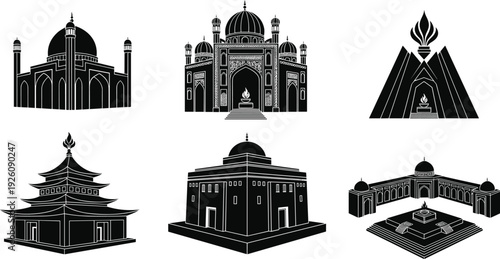Black and white of various religious buildings mosque temple pagoda pyramid