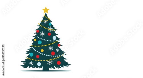 Traditional dark green Christmas tree is decorated with colorful ornaments, snowflakes, a golden star, and light garlands.