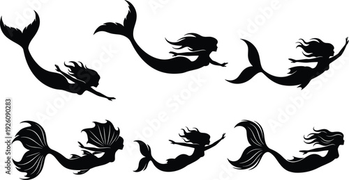 Black silhouettes of seven mermaids in different swimming positions white background