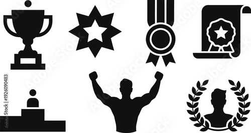 Achievement icon set. Includes trophy, star, medal, winner, podium, laurel wreath, and award symbols. Created in black and white flat style with simple shapes.