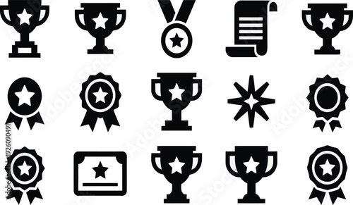 Award icon set. Includes 13 achievement symbols. Created in black and white flat style.