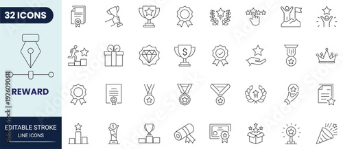 Reward outline icon collection with smooth curves and consistent line weight. Suitable for loyalty programs and achievement concepts. Fully editable stroke vector.
