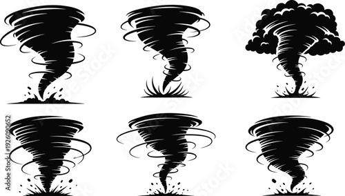 Black and white of six different tornadoes weather natural disaster storm