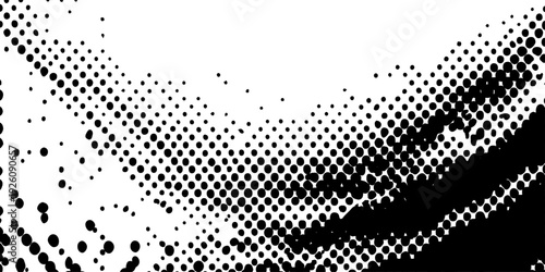 This seamless black and white vector illustration features an abstract halftone pattern of geometric dots and circles creating a textured digital wave design for a modern background template