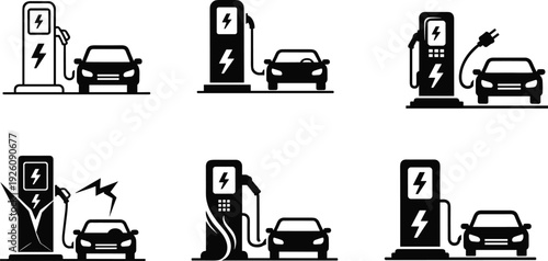 Electric vehicle charging stations with cars black and white sustainable energy
