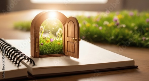 Conceptual Open Door on Notebook Leading to Sunny Wildflower Field
