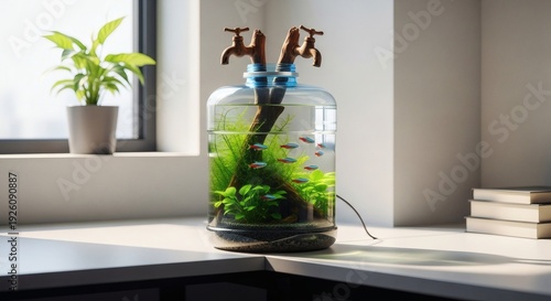 Artistic Glass Water Bottle Terrarium with Aquatic Plants and Faucets