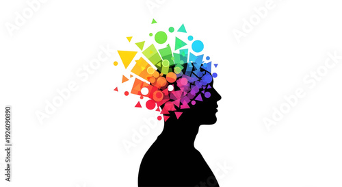 Silhouette of a human head with colorful geometric shapes exploding from the brain representing creativity and mental health