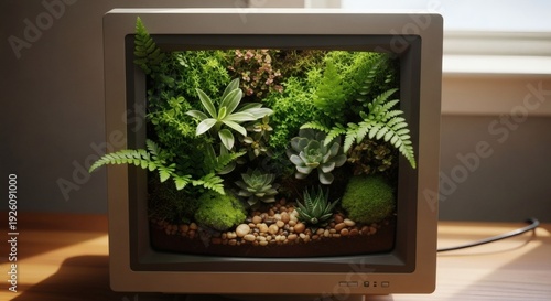 Lush Green Terrarium with Plants Inside Vintage Computer Monitor on Desk