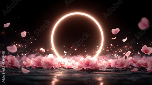 Glowing pink round frame with glitter sparkles and floating petals on pure black background, fantasy animation design