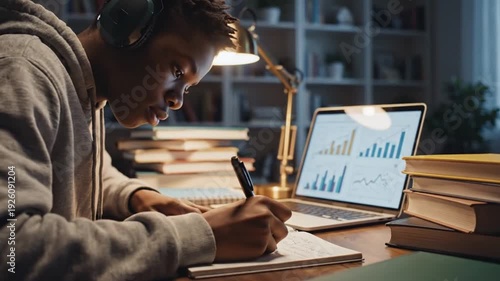Focused Student Analyzing Data at Desk with Laptop
