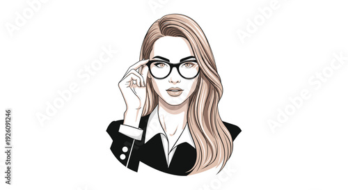 Professional woman with long blonde hair wearing glasses and a business suit looks confidently at the camera.