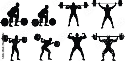 Black silhouettes of men lifting weights in various positions weightlifting exercise