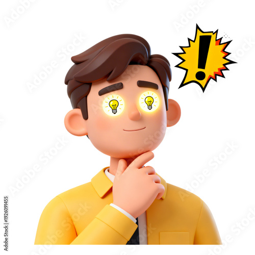 3D illustration of a thoughtful businessman character having a brilliant idea with lightbulbs in his eyes and an exclamation mark.