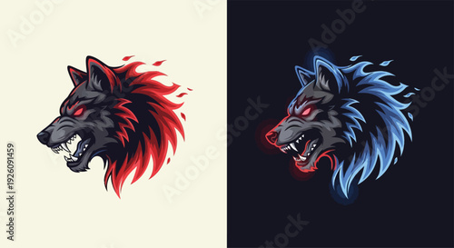 Two fierce wolf head esports logos with glowing red eyes and fiery red and blue manes.