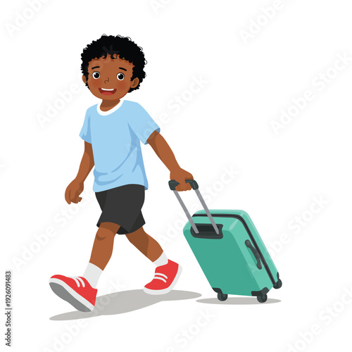 Little African boy carrying wheel suitcase going for traveling
