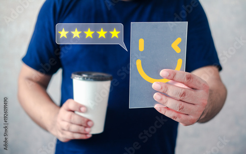 Wallpaper Mural Customer satisfaction five star rating, excellent service feedback with happy face icon, customer evaluation product service quality Torontodigital.ca