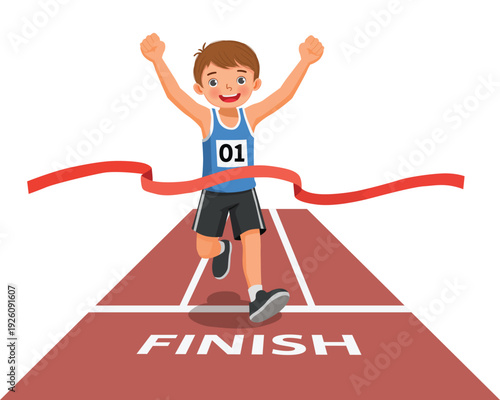 Little boy winning marathon race crossing the finish line at running track