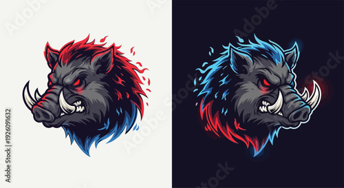 Two stylized aggressive wild boar head illustrations with fiery accents, one on a light background and the other on a dark background.