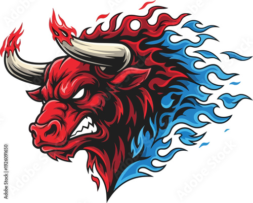 A fierce red bull's head with aggressive expression and sharp teeth, engulfed in dynamic red and blue flames.