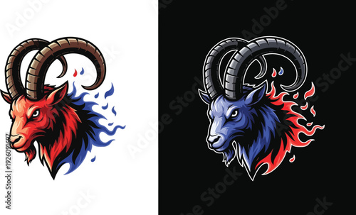 Two stylized illustrations of a fierce goat head with large horns and fiery elements, one red and blue on white, the other blue and red on black, in a dynamic mascot design.