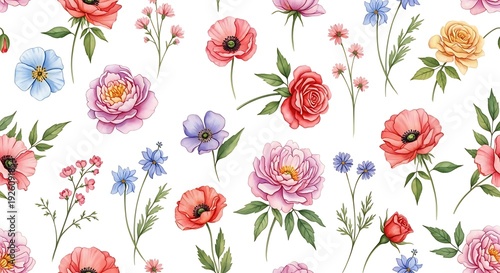 A floral pattern with colorful flowers on a white background
