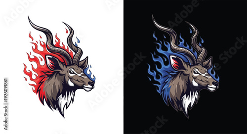 Dynamic Kudu head illustration with fiery horns, featuring red and blue flames on contrasting backgrounds.