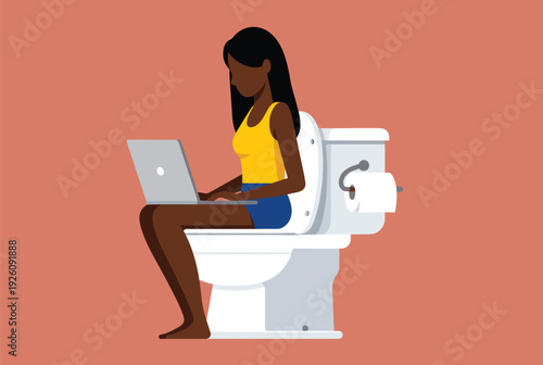 Woman using laptop while sitting on toilet vector illustration, humorous modern lifestyle multitasking concept in bathroom interior with flat design background
