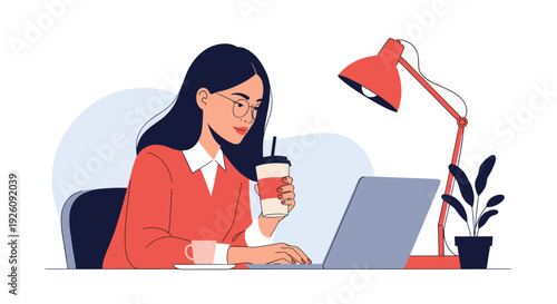 Young woman with glasses works on her laptop at a desk with a lamp, a cup of coffee, and a small potted plant.