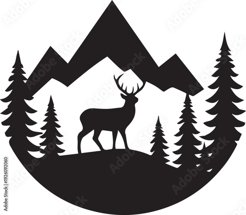 Deer Silhouette In Mountain Forest Landscape vector isolated on white background