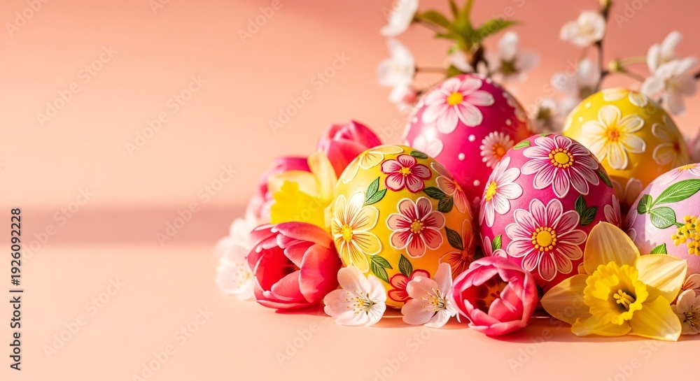 Fototapeta premium Vibrant Easter eggs surrounded by colorful flowers on soft pink background