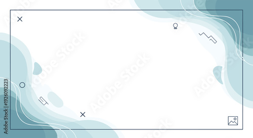 Abstract frame design features flowing light blue and teal wave shapes in corners with minimalist geometric icons on a clean white space.