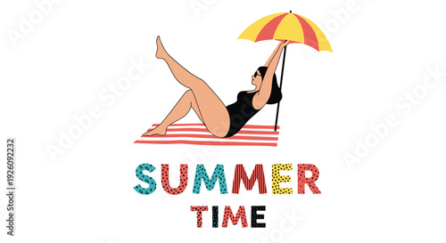 Curvy woman in a black swimsuit relaxes on a red striped towel under a yellow and red beach umbrella with the text summer time below.