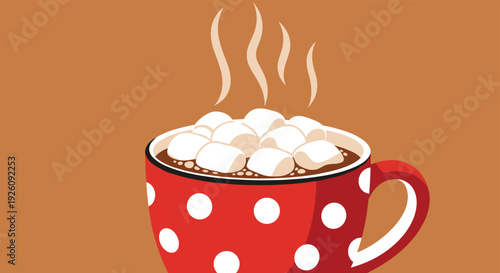 Red polka dot mug filled with steaming hot chocolate and topped with fluffy white marshmallows sits against a warm brown background.
