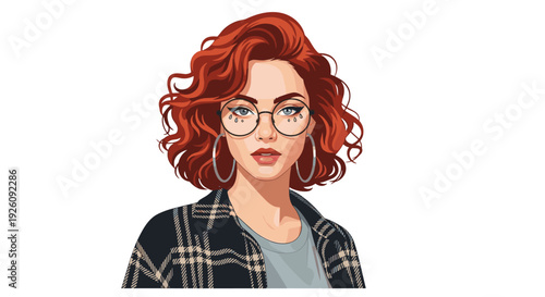 Stylish woman with curly red hair wears large round glasses and a plaid jacket in this modern digital portrait with a white background.